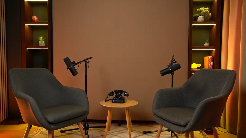 Recording setup with two dark armchairs and microphones
