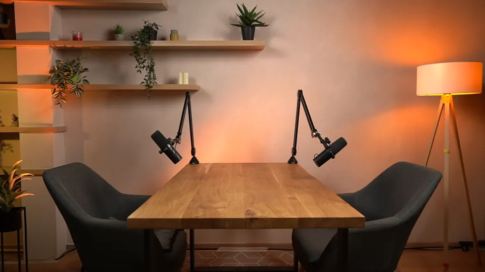 Light recording setup with a table and microphones